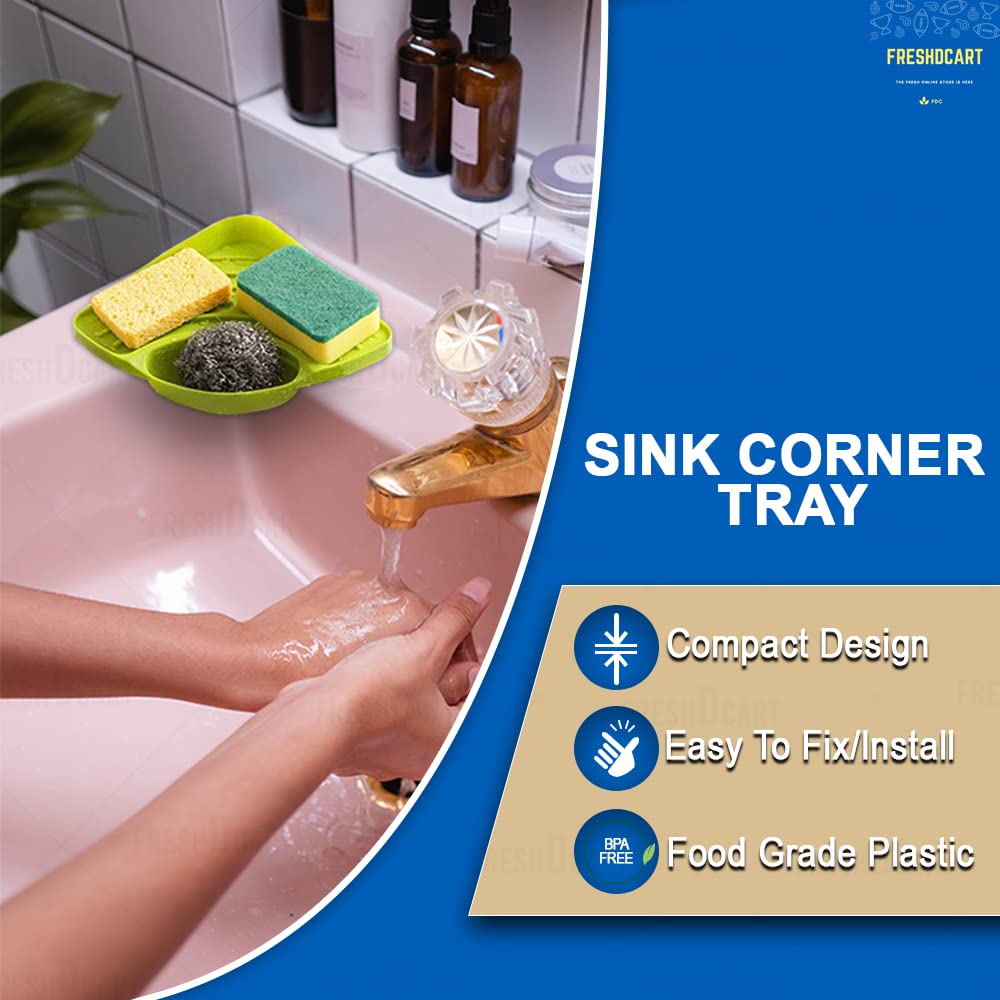 FreshDcart Kitchen Soap Stand for Sink with Tray – Compact Plastic Kitchen Soap Stand for Sink, Corner Storage Rack for Sponge, Scrubber & Dish Soap (Green, Pack of 1)
