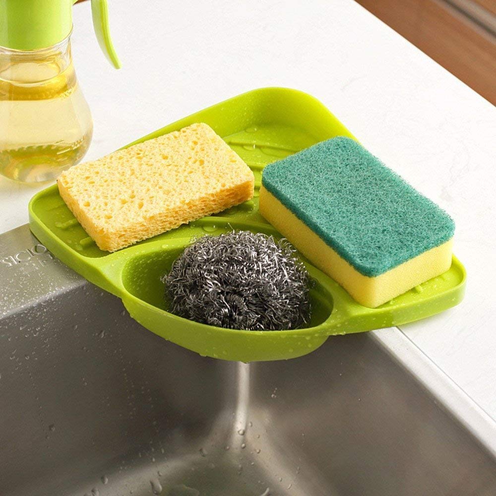 FreshDcart Kitchen Soap Stand for Sink with Tray – Compact Plastic Kitchen Soap Stand for Sink, Corner Storage Rack for Sponge, Scrubber & Dish Soap (Green, Pack of 1)