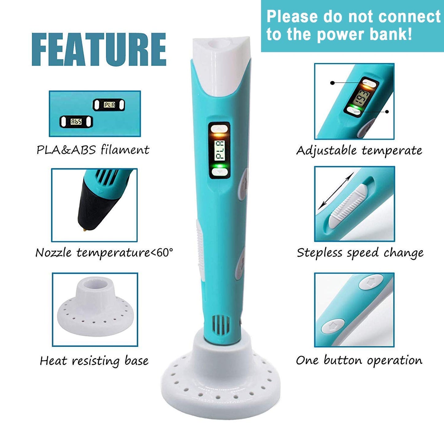 3D Pen for Kids with Adjustable Temperature - LCD Display,USB Powered, Filament Included 3D Drawing Pen 3D Printer Pen for Kids (Blue)